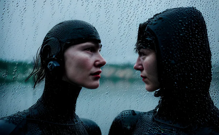 Image similar to cinestill 5 0 d candid photographic portrait by christopher nolan of two loving female androids wearing rugged black mesh techwear in treacherous waters, extreme closeup, modern cyberpunk moody emotional cinematic, pouring rain, 8 k, hd, high resolution, 3 5 mm, f / 3 2, ultra realistic faces, ex machina