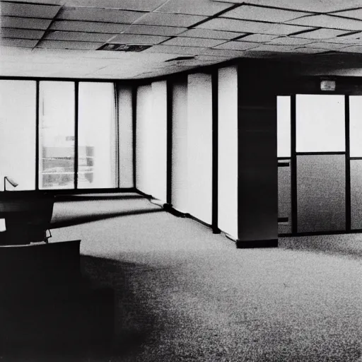 Prompt: photo of an empty 1 9 7 0 s office building, liminal space, grainy, compression artifacts