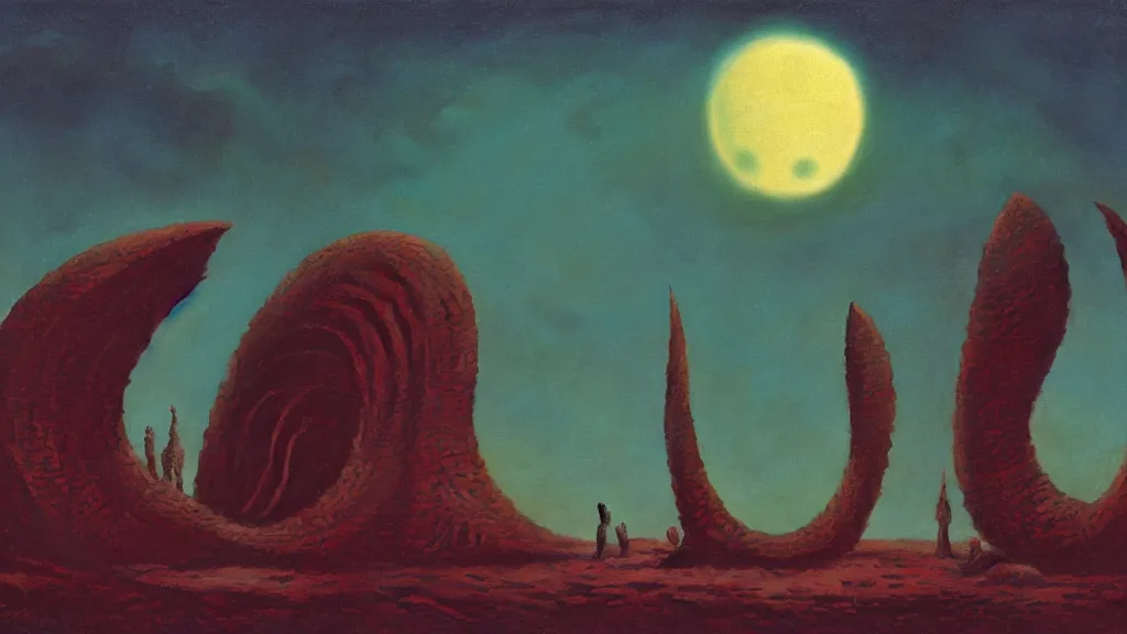 Image similar to mysterious sculpture of an alien crescent moon by paul lehr and john schoenherr, cinematic matte painting