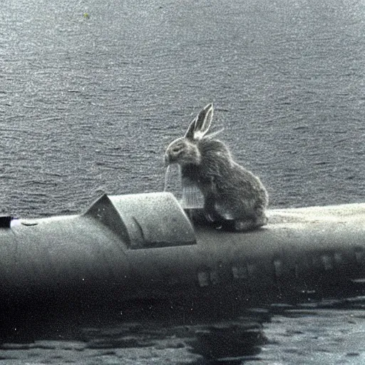 Image similar to a small evil rabbit launching nuclear warheads from a submarine grainy 3 5 mm photo