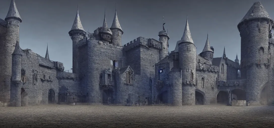 Image similar to A digital concept art painting of a dark blue medieval european ghotic castle with black brick in desert, 4K UHD image, unreal engine
