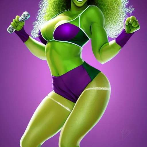 Prompt: Singer Beyoncé as She-Hulk with green skin, white leotard with two purple vertical stripes, green skinned, wearing purple and white fingerless gloves, wearing purple and white sneakers, mini skirt, smiling, photorealistic, sports illustrated, detailed legs, hyperreal, surreal, bokeh, tilt shift photography, green arms, green legs, green face,