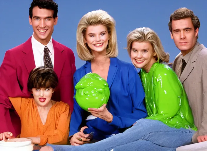 Image similar to the episode of Murphy Brown where everyone gets covered with nickelodeon slime hd