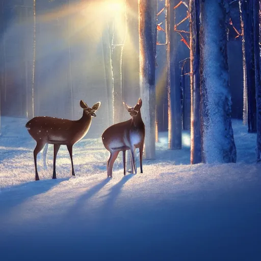 Image similar to deer on fire in a frozen forest, sparkles and sun rays, hyperrealistic, photo realistic, realistic, beautiful white lighting, in the middle of the day