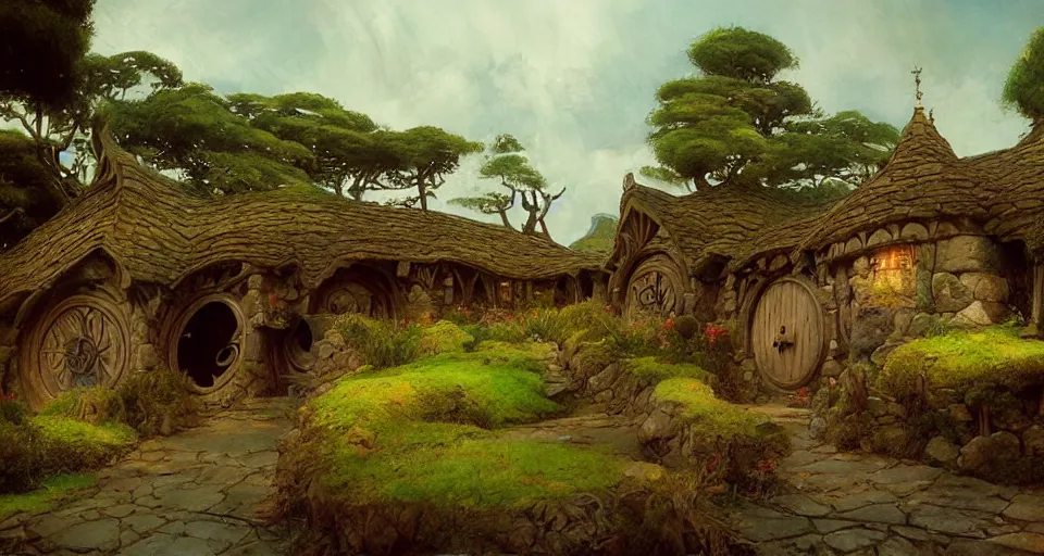 Image similar to hobbiton, hobbits, intricate, elegant, highly detailed, john park, frazetta, john howe, ruan jia, jeffrey catherine jones