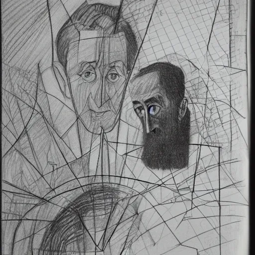 Prompt: an unfinished drawing of Marcel Duchamp looking at a complex machine, hyperdetailed and line drawing