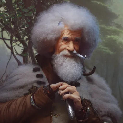 Image similar to an ultra detailed matte painting of bob ross smoking a pipe and dressed as a wandering elf druid, silver hawk animal companion, d & d, fantasy concept art by alphonse mucha and greg rutkowski, octane render, 8 k, detailed face