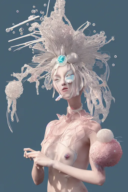 Image similar to an epic non - binary model, subject made of white melting porcelain, mesh headdress, with cerulean and pastel pink bubbles bursting out, delicate, beautiful, intricate, melting into eevee, houdini sidefx, by jeremy mann and ilya kuvshinov, jamie hewlett and ayami kojima, trending on artstation, bold 3 d