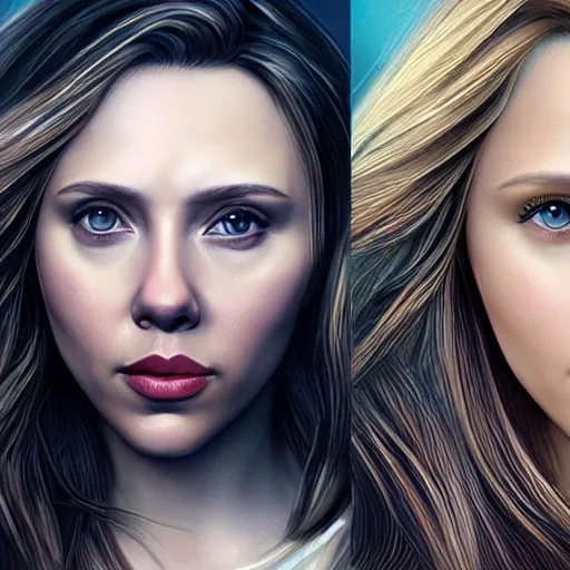 Prompt: ((((Scarlett Johansson)))) and Elizabeth Olsen!!!!!!!!! crossbreed, illustrated and rendered by Xie Boli, trending on artstation, 4k, 8k, photorealistic imagery, photorealistic details, intricate, highly detailed