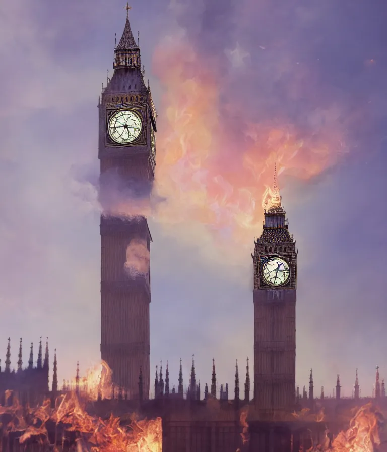 Image similar to a beautiful hyperrealistic detailed 3D render of big ben burning, by Anton Otto Fischer, Atey Ghailan, genzoman, unreal engine, octane render, gigantic, 3D, brilliantly coloured, intricate, ultra wide angle, trending on artstation, embers, smoke, dust, dusk, volumetric lighting, HDR, polished, micro details, ray tracing, 8k