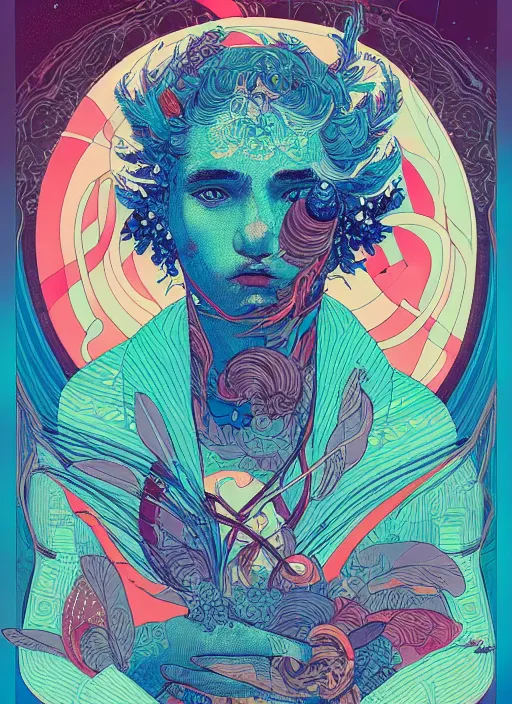 Image similar to beautiful illustration of apollo, in the style of james jean and victo ngai, mystical colors, trending on artstation