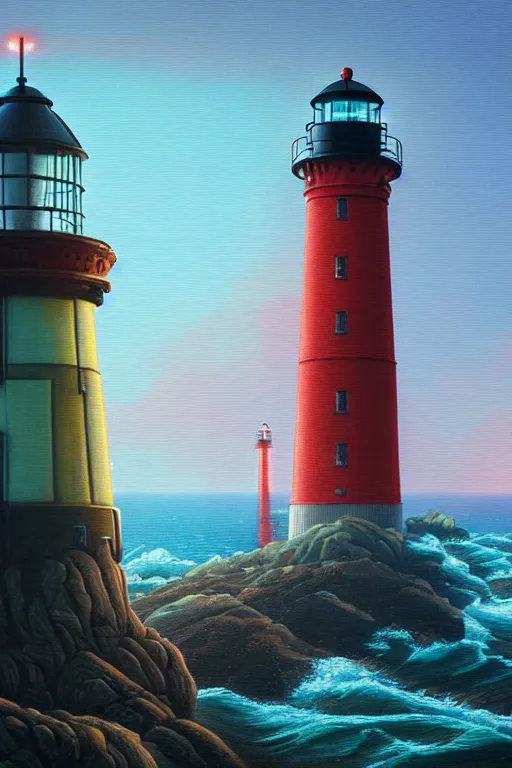 Prompt: a lighthouse in a redwood solar punk vision, overlooking an ocean, oil on canvas by klaus burgle, simon stalenhag, ultra - realistic 3 d depth shading