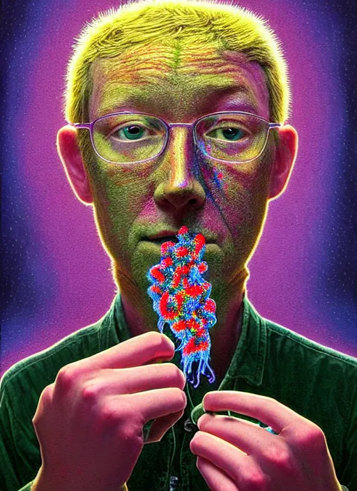 Prompt: hyper detailed 3d render like a Oil painting - friendly portrait of author Hank Green in Aurora (Singer) seen Eating of the Strangling network of yellowcake aerochrome and milky Fruit and Her delicate Hands hold of gossamer polyp blossoms bring iridescent fungal flowers whose spores black the foolish stars by Jacek Yerka, Mariusz Lewandowski, Houdini algorithmic generative render, Abstract brush strokes, Masterpiece, Edward Hopper and James Gilleard, Zdzislaw Beksinski, Wolfgang Lettl, hints of Yayoi Kasuma, octane render, 8k