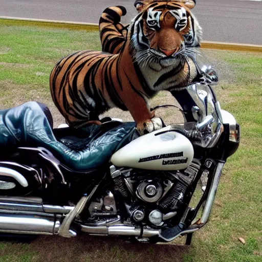 Prompt: tiger on a Harley Davidson on the road, funny picture