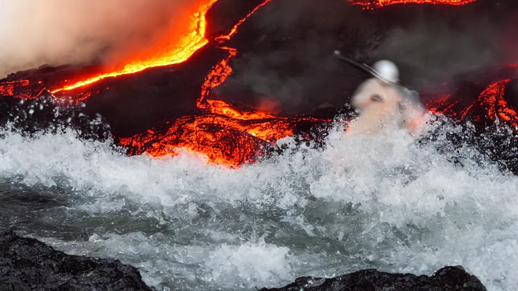 Image similar to person in armor surfing down a river of lava on the side of a volcano on surfboard, action shot, dystopian, thick black smoke and fire, motion blur, sharp focus, cinematic, closeup