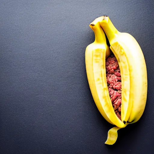 Image similar to a stock photo of ground beef inside a banana peel, product photography, low aperature, award winning