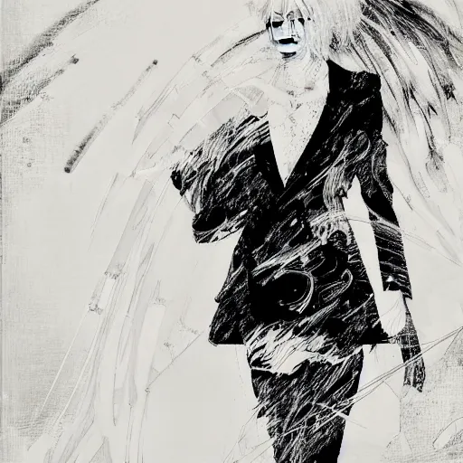 Image similar to Yoshitaka Amano realistic illustration of an anime girl with short white hair and black eyes wearing tuxedo, abstract black and white patterns on the background, noisy film grain effect, highly detailed, Renaissance oil painting, old tv glitch effect