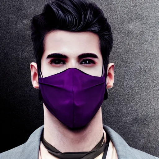 Image similar to professional digital art of a stylish young adult man with a black face mask, earrings, and dark clothes, high quality, HD, 8K, highly detailed, award-winning, sci-fi, fantasy, movie, purple sky