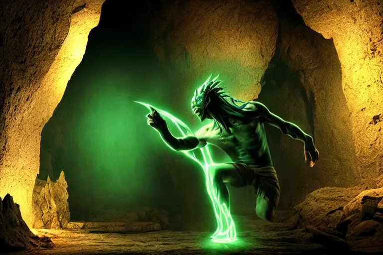 Image similar to vfx film, soul reaver, raziel irl, price of persia movie, missing jaw, hero pose, devouring magic souls, glowing green soul blade, in epic ancient sacred huge cave temple, flat color profile low - key lighting award winning photography arri alexa cinematography, hyper real photorealistic cinematic beautiful, atmospheric cool colorgrade