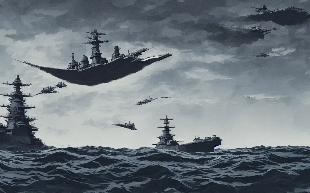 Image similar to japanese battleship yamato flying between the clouds, in the style of james jean and laurie greasley, dynamic composition, dramatic lighting, ultra detailed