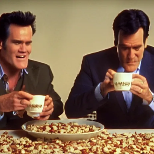 Image similar to a cinematic shot of Jim Carrey & Bruce Campbell eating from a bowl of cereal, cinematic, film grain, 8k