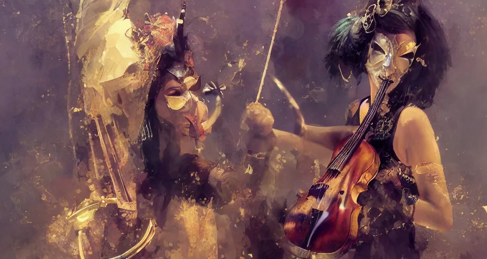 Image similar to craig mullins and ghibli digital art of a masked female play violin ， exotic costumes, gold jewelry, black hair, realistic shading, cinematic composition, realistic render, octane render, detailed textures, photorealistic, wide shot