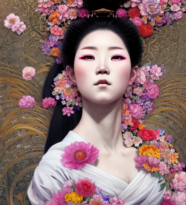 Image similar to baroque portrait of one yakusa biomechanic geisha with tattoos is lying down in a river made of thousand of flowers, backlighting, photorealistic, octane render, 8 k, depth of field, art by artgerm and greg rutkowski and alphonse mucha and uang guangjian