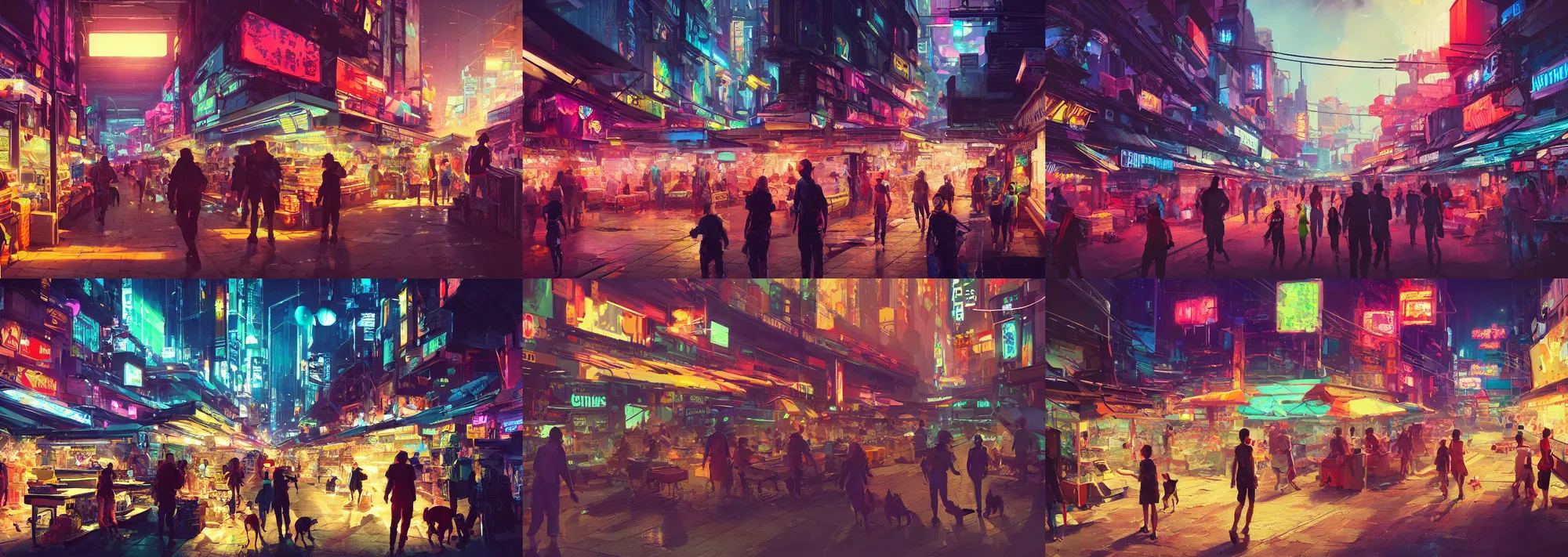 Prompt: a concept art of cyberpunk nightmarket with people and animals are shopping in the nightmarket with gun shops digital art by aenami alena, vibrant, landscape, digital art, aenami alena, around the year 2 0 3 0, cinematic, hyper detailed, trending on artstation