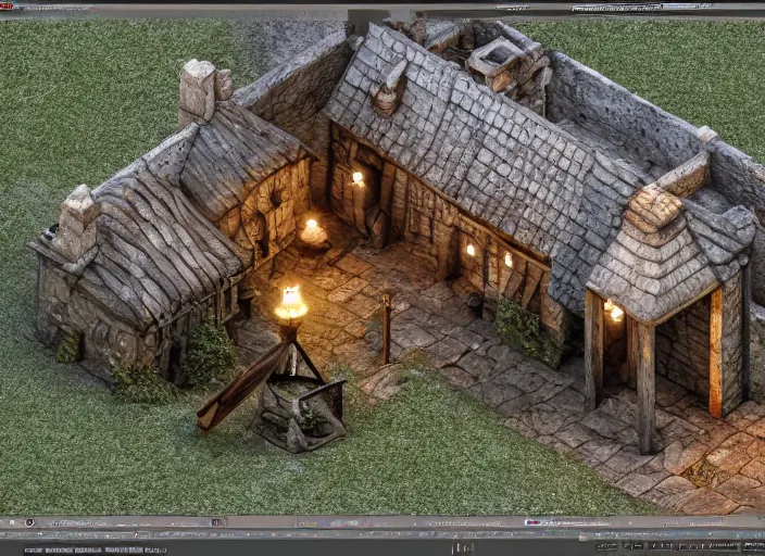 Image similar to medieval vampire village house, 3d model, miniature, iso, isometric view, gas lighting, stone and wood, dead tree, digital art, unreal engine