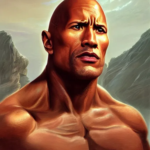 Prompt: Dwayne Johnson as the commanding leader of the alien resistance, Graceful body structure,cute,Symmetrical face,highly detailed,elegant,Marc Simonetti and Caspar David Friedrich, Trending on artstation