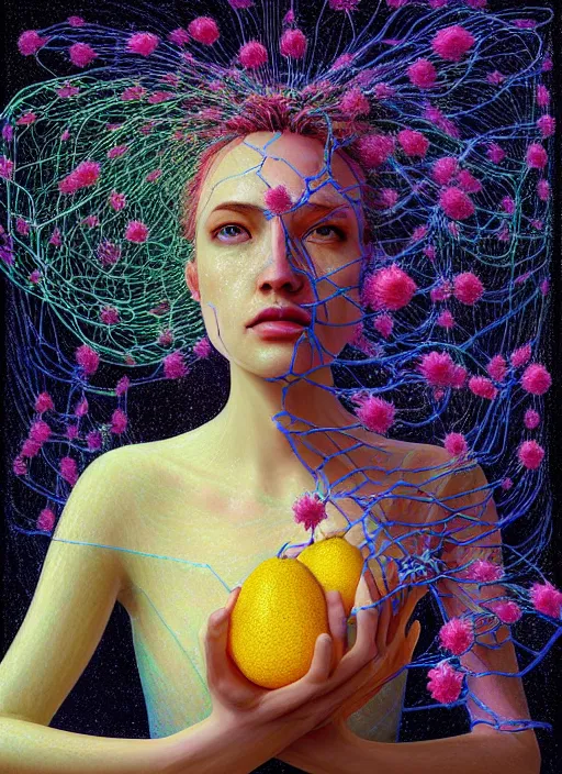 Prompt: hyper detailed 3d render like a Oil painting - Aurora (Singer) Eats of the Strangling network of yellowcake Fruit and Her delicate Hands hold of gossamer polyp blossoms bring iridescent fungal flowers whose spores black the foolish stars by Jacek Yerka, Mariusz Lewandowski, Houdini algorithmic generative render, Abstract brush strokes, Masterpiece, Edward Hopper and James Gilleard, Zdzislaw Beksinski, Mark Ryden, Wolfgang Lettl, hints of Yayoi Kasuma, octane render, 8k