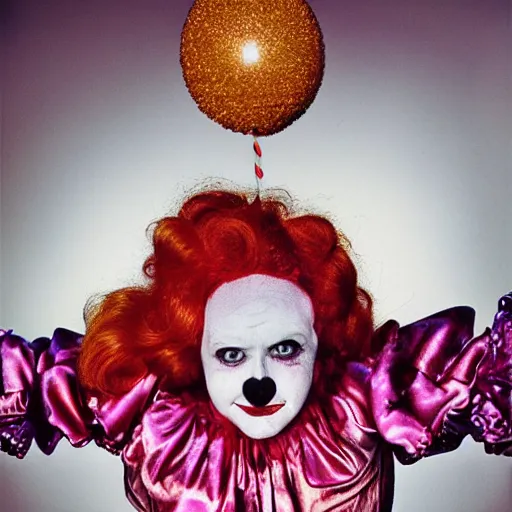 Prompt: female clown photo, wide angle lens, full body, photo by David LaChapelle