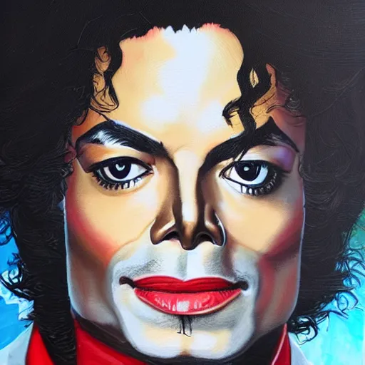 Prompt: portrait painting of Michael Jackson by Sandra Chevrier, trending on Artstation, sharp focus illustration, cosmic background, intricate, hyperdetailed