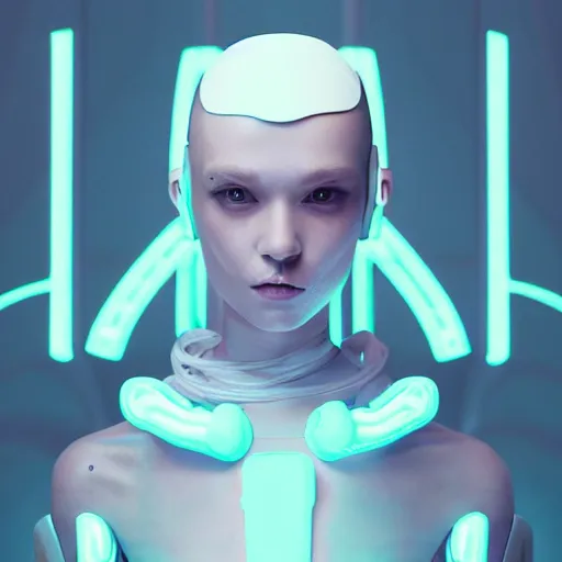 Image similar to white one cast futuristic biomechanic future human, beautiful girl, female, futuristic, neon lights, cyberpunk, 8 k, digital painting, by beeple and makoto shinkai, trending on cg society, glamour pose, fashion photography, high fashion, canon r 3, photorealistic, hyper realisitic