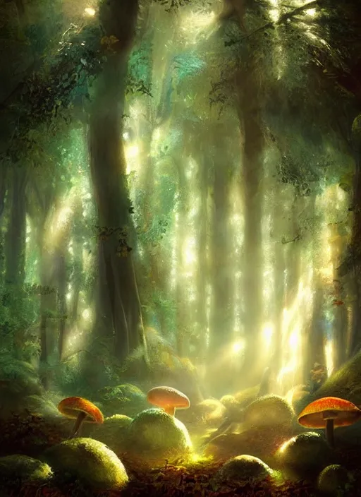 Image similar to painting of magic mushrooms , mysterious forest, beautiful lighting, god rays, fantasy art, matte painting