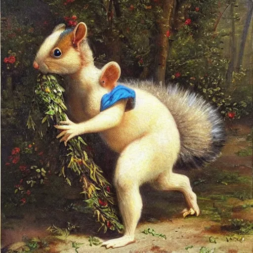 Image similar to a giant fluffy squirrel carrying napoleon bonaparte on its back, beach scene, flowers and foliage, detailed oil painting