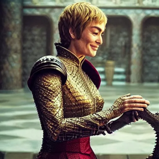 Image similar to “Cersei Lannister, petting her dragon”