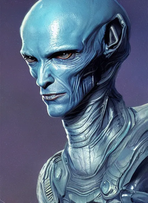 Image similar to fantasy and science fiction portrait of a blue alien wearing a semi-transparent biosuit, detailed, intricate, very realistic, in the style of James Gurney, Craig Mullins, Wlop