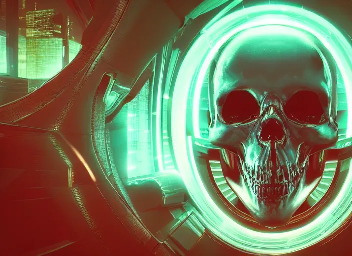 Image similar to a futuristic skull with glowing eyes and a wormhole tunnel, cyberpunk art by ross tran, behance contest winner, computer art, darksynth, synthwave, rendered in cinema 4 d