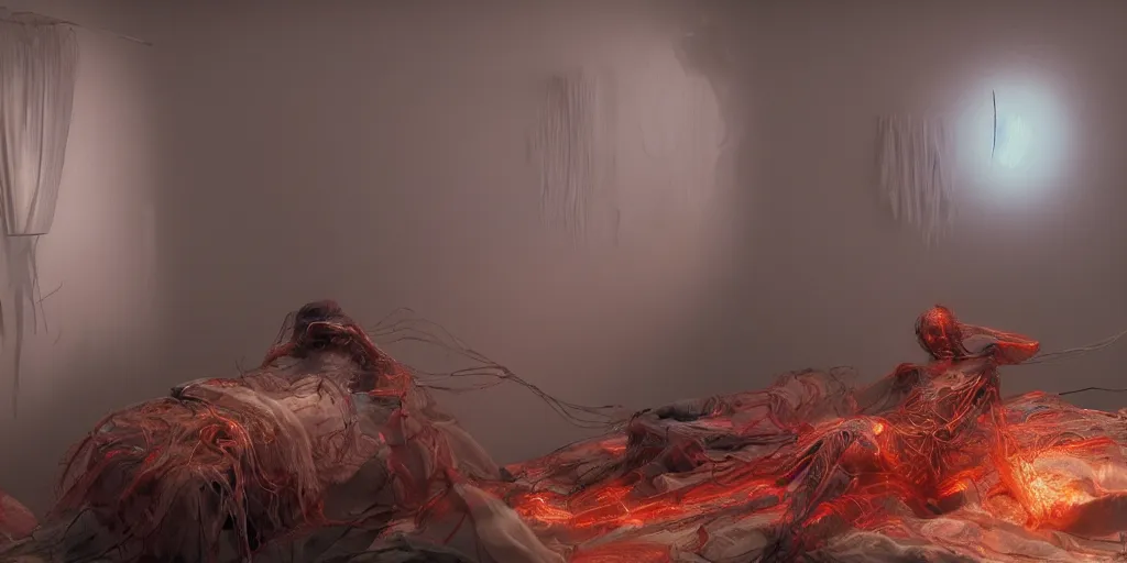 Image similar to rgb, glowing, extreme rage, maximalist bedroom, woman, cinematic, movie scene, inspired by zdzislaw beksinski, clothes made out of veins,, cables everywhere, bedroom, ultra realistic, concept art, intricate details, highly detailed, photorealistic, octane render, 8 k