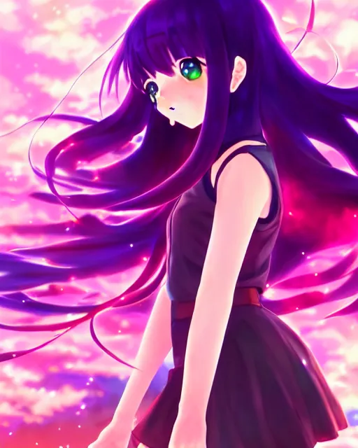 Image similar to anime style, vivid, expressive, full body, 4 k, painting, a cute magical girl with a long wavy black hair, stunning, realistic light and shadow effects, centered, violet sunlight, simple background, studio ghibly makoto shinkai yuji yamaguchi