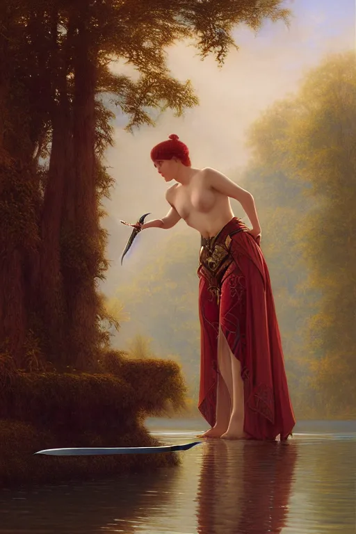 Prompt: a portrait of a sorceress dropping a sword into the lake, illustration, soft lighting, soft details, painting oil on canvas by Edmund Blair Leighton and Charlie Bowater