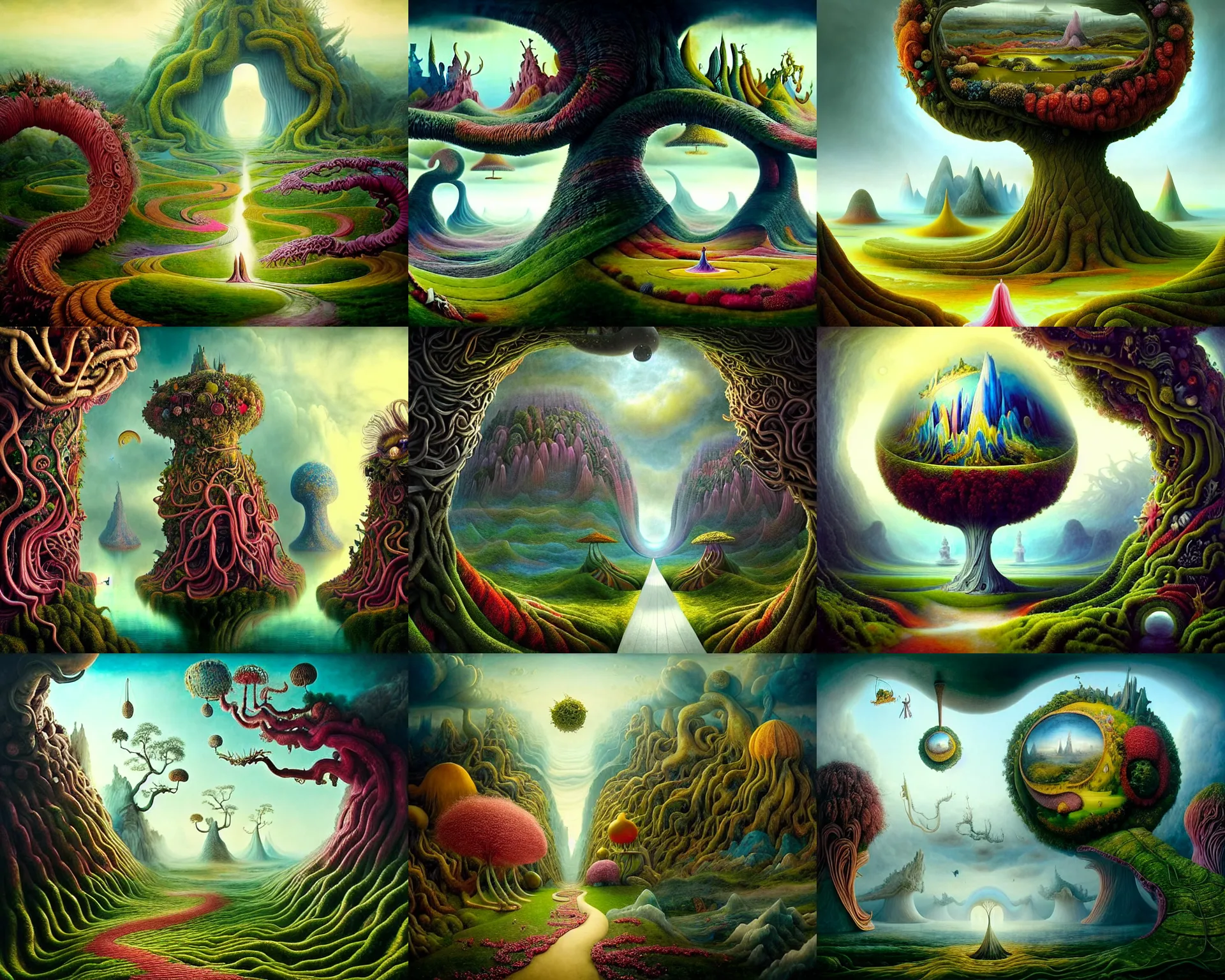 Prompt: a beguiling epic stunning beautiful and insanely detailed matte painting of the impossible winding path through imaginary worlds with surreal architecture designed by Giuseppe Arcimboldo, mega structures inspired by Heironymous Bosch's Garden of Earthly Delights, vast surreal landscape and horizon by Asher Durand and Cyril Rolando and Natalie Shau, colorful otherworldly trees, masterpiece!!!, grand!, imaginative!!!, whimsical!!, otherworldly, epic scale, intricate details, sense of awe, elite, wonder, insanely complex, masterful composition!!!, sharp focus, fantasy realism, dramatic lighting