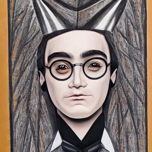 Prompt: Portrait of Harry Potter with highly stylized, geometric face makeup, intricate