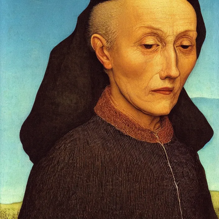 Prompt: close up frontal portrait of a dying old woman. thistle, clear gradient sky. jan van eyck