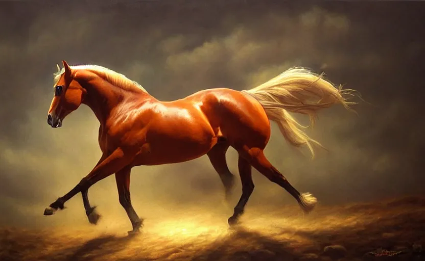 Image similar to a masterpiece oil painting of a single and proud horse. wide angle, fantasy art, alex ross, heroic lighting, very very very beautiful raytraced rendering