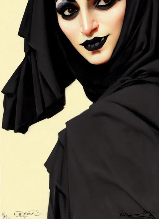 Prompt: portrait of an arab woman with a crooked nose and a confident expression, 1 9 6 0 s, black clothes, goth, punk, funk, intricate, elegant, highly detailed, digital painting, artstation, concept art, smooth, sharp focus, illustration, art by wlop, mars ravelo and greg rutkowski