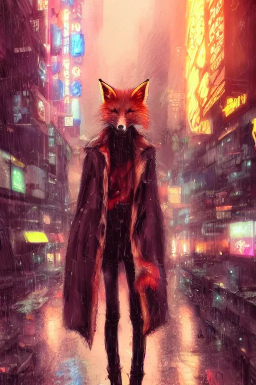 Image similar to beautiful portrait of a tall female anthro fox smoking a cigarette in a bustling crowd of a rainy city street, cyberpunk, harsh neon lights, highly detailed, digital painting, illustration, art by sakimichan, artgerm
