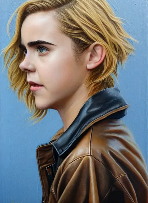 Image similar to portrait of kiernan shipka in heavy rain wearing a leather jacket, wet hair, hyperrealistic, very detailed painting mark brooks and glenn fabry and joao rua