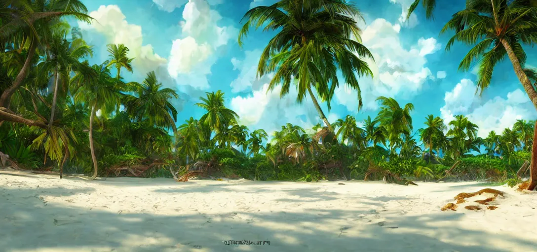 Image similar to beautiful tropical island beach, lush vegetation, white sand beach, tropic plants and flowers, clear water, dramatic lighting, cinematic, establishing shot, extremely high detail, foto realistic, cinematic lighting, post processed, concept art, artstation, thick oil painting, style by greg carter